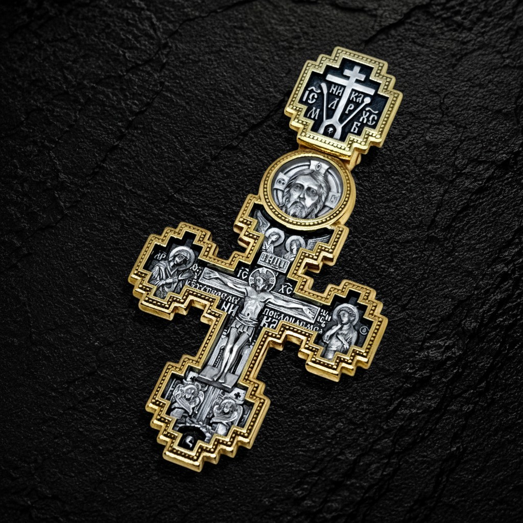 The Crucifixion of Christ. Golgotha, the Holy Face of Christ, St Nicholas the Wonderworker, St Alexander Nevsky, St George the Victorious, the Guardian Angel and St Luke of Crimea. Orthodox Cross